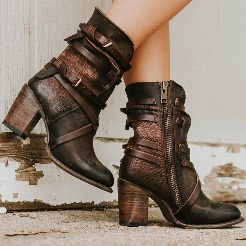 Multilayer Buckle Back Zipper Solid Color Retro Shoes  Women