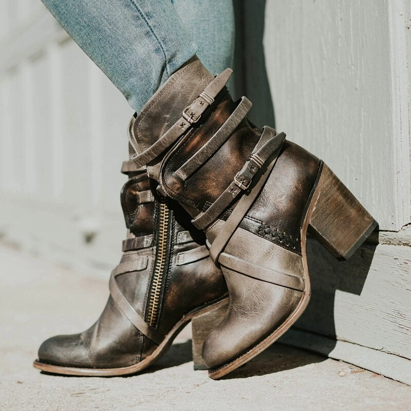 Multilayer Buckle Back Zipper Solid Color Retro Shoes  Women