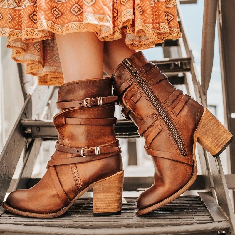 Multilayer Buckle Back Zipper Solid Color Retro Shoes  Women