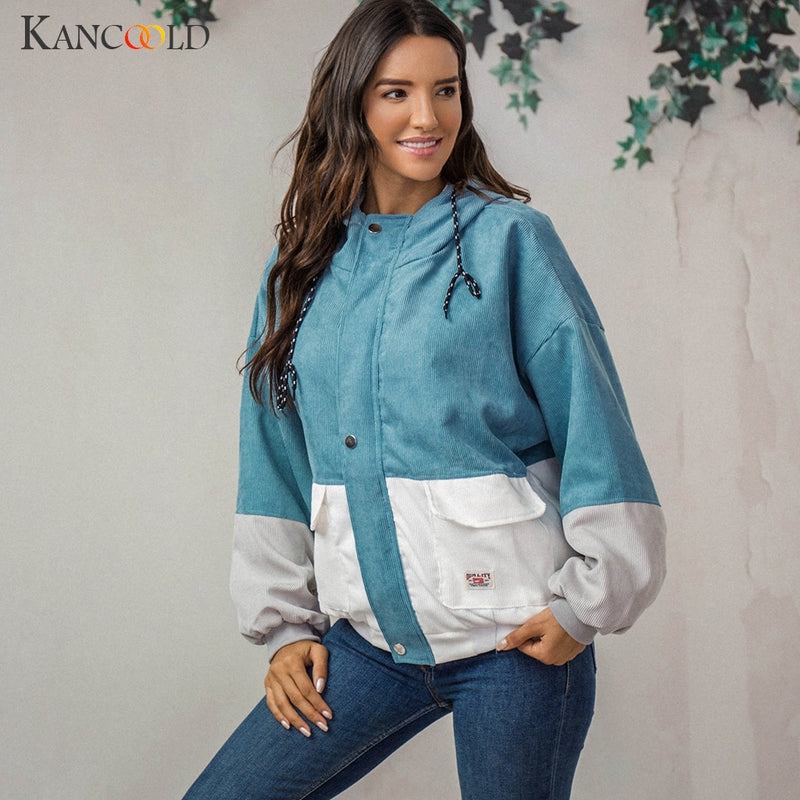 Outerwear & Coats Jackets Long Sleeve Corduroy Patchwork Oversize Zipper Jacket Windbreaker coats and jackets women 2018JUL25