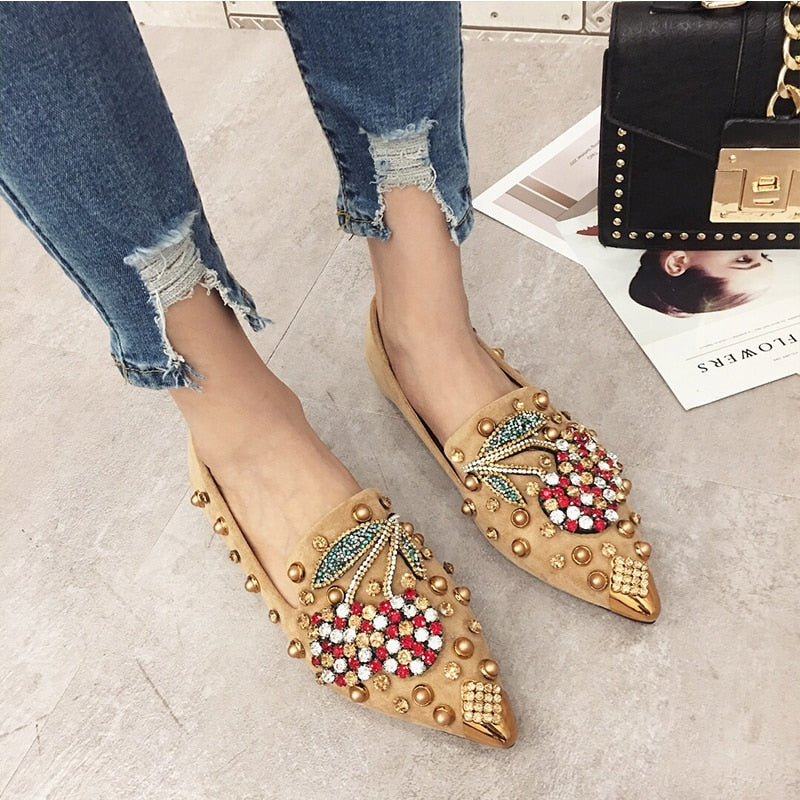 Rainstone Cherry Spring To Winter Casual And High Street Wear Flat Loafer Women Shoe