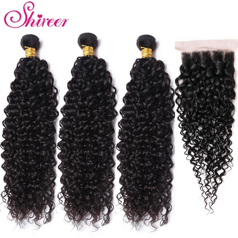 Shireen Brazilian Kinky Curly Bundles with Closure Natural Color Remy Bundles of Hair with Closure 4 Piece Bundles with Closure