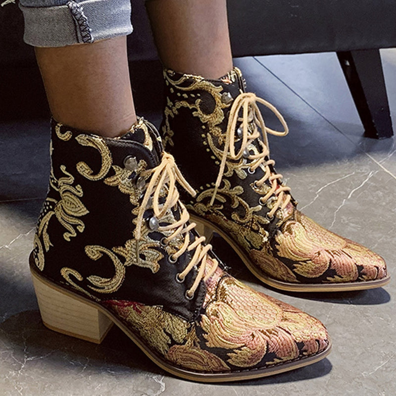 Cotton Fabric Floral High Heel Warm Winter Cowboy Retro Boot
