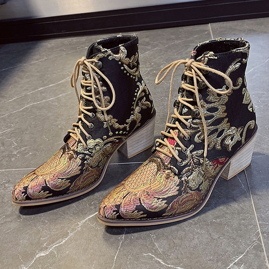 Cotton Fabric Floral High Heel Warm Winter Cowboy Retro Boot