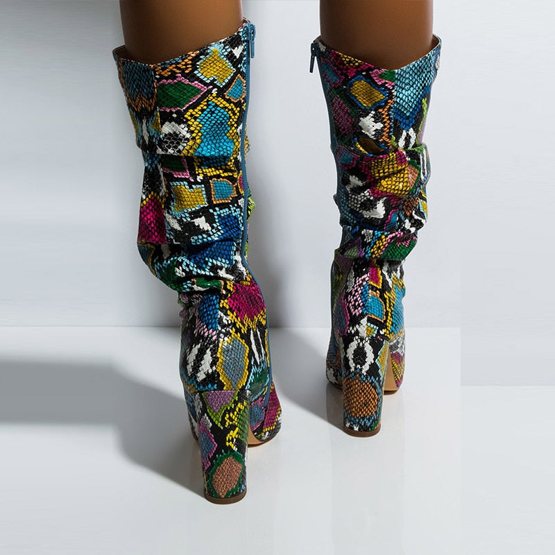 Colorful Snake Skin Boots Women High Heel Thick Boot Snakeskin Pointed Toe Zip Shoes