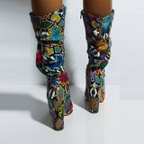 Colorful Snake Skin Boots Women High Heel Thick Boot Snakeskin Pointed Toe Zip Shoes