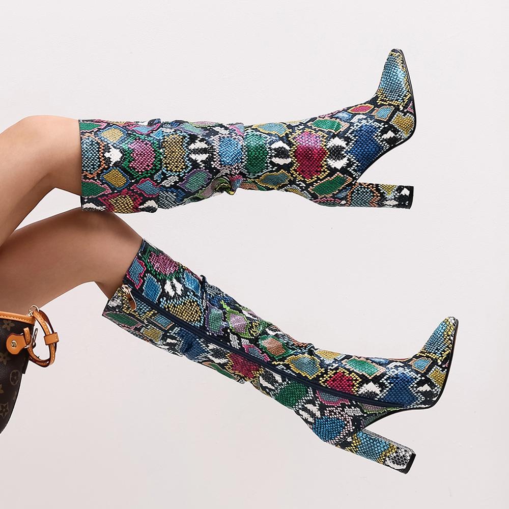 Colorful Snake Skin Boots Women High Heel Thick Boot Snakeskin Pointed Toe Zip Shoes