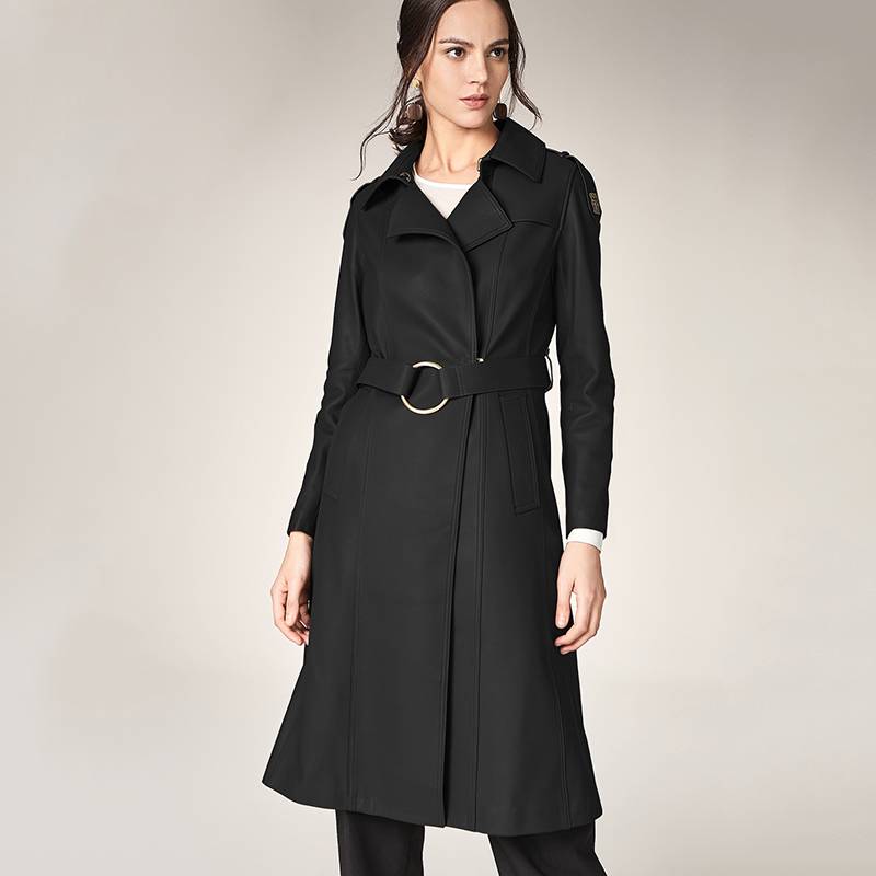 Long Length Turn Down Collar Premium Leather Trench Coat For Women With Belt