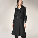 Long Length Turn Down Collar Premium Leather Trench Coat For Women With Belt
