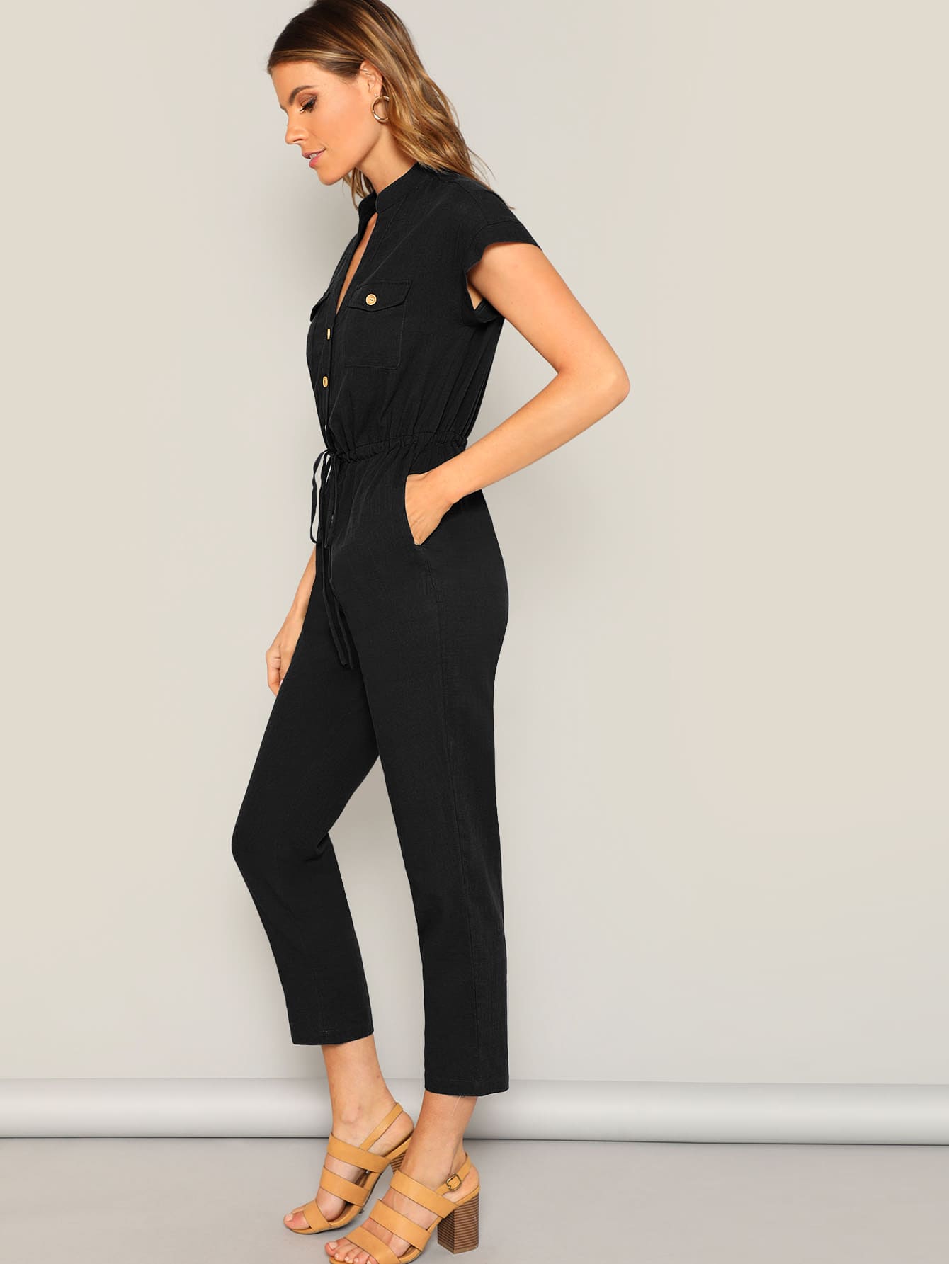 The Solid Summer Style Jumpsuit with Waist Drawstring Button & Pocket Front