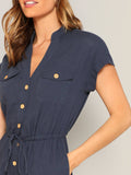 The Solid Summer Style Jumpsuit with Waist Drawstring Button & Pocket Front