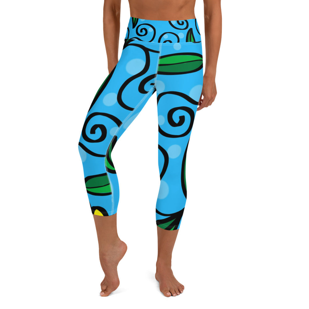 Soft Fabric High Waistband Yoga Capri Leggings Blue Sun Flower