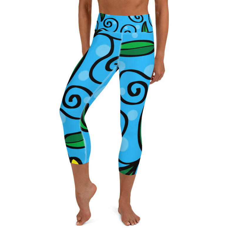 Soft Fabric High Waistband Yoga Capri Leggings Blue Sun Flower