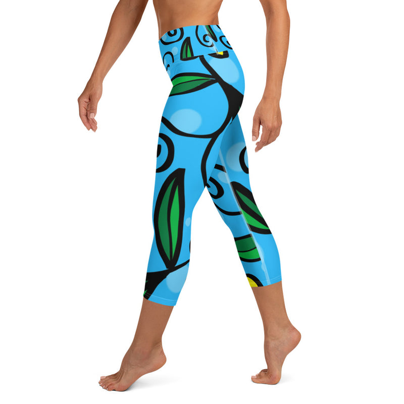 Soft Fabric High Waistband Yoga Capri Leggings Blue Sun Flower
