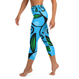 Soft Fabric High Waistband Yoga Capri Leggings Blue Sun Flower