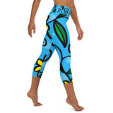 Soft Fabric High Waistband Yoga Capri Leggings Blue Sun Flower