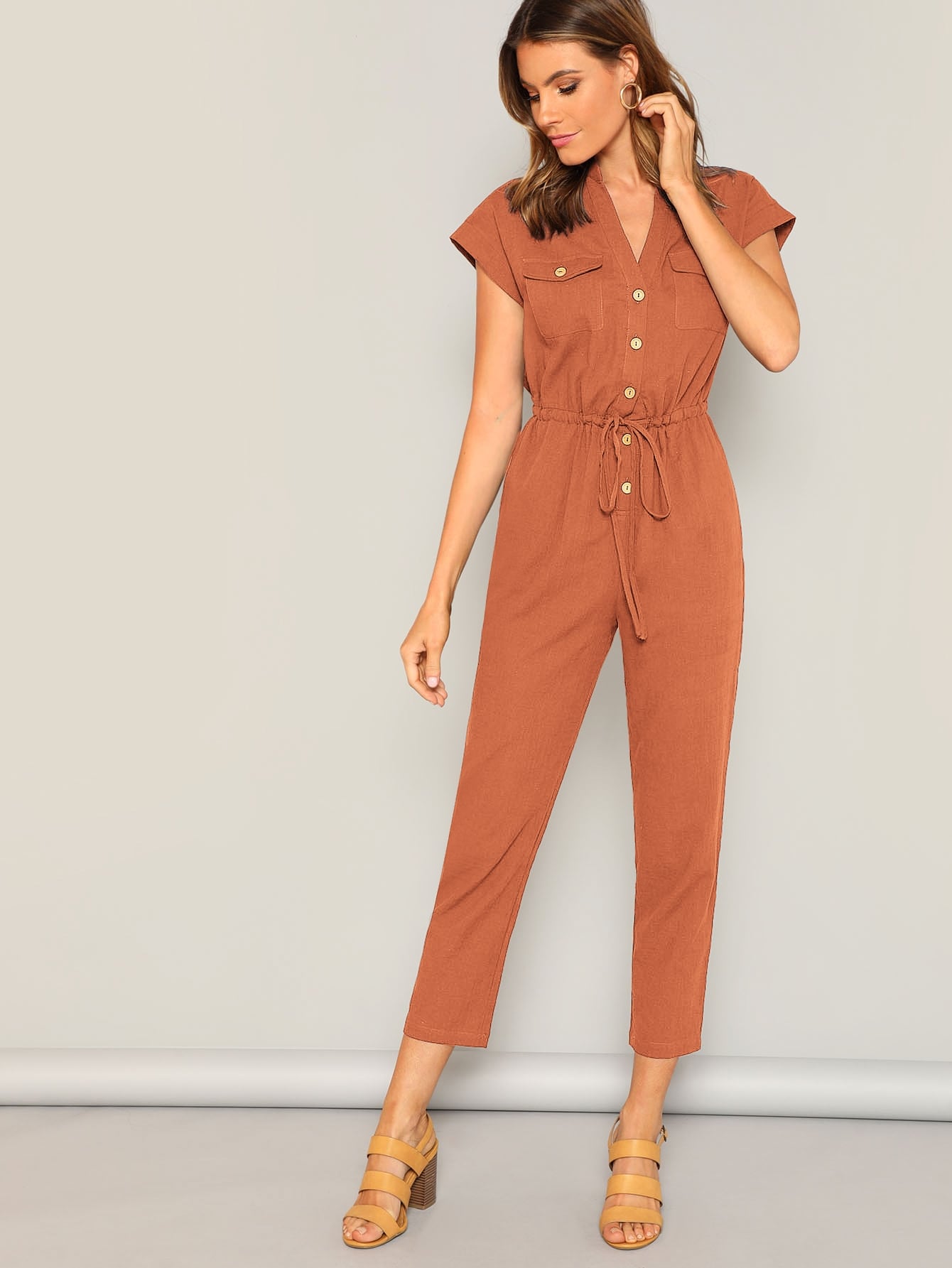The Solid Summer Style Jumpsuit with Waist Drawstring Button & Pocket Front