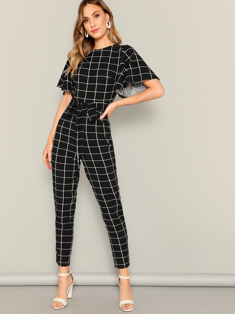 Full Set Flutter Sleeve Belted Grid Jumpsuit With White and Black Mixed