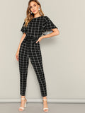 Full Set Flutter Sleeve Belted Grid Jumpsuit With White and Black Mixed
