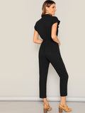 The Solid Summer Style Jumpsuit with Waist Drawstring Button & Pocket Front