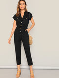 The Solid Summer Style Jumpsuit with Waist Drawstring Button & Pocket Front