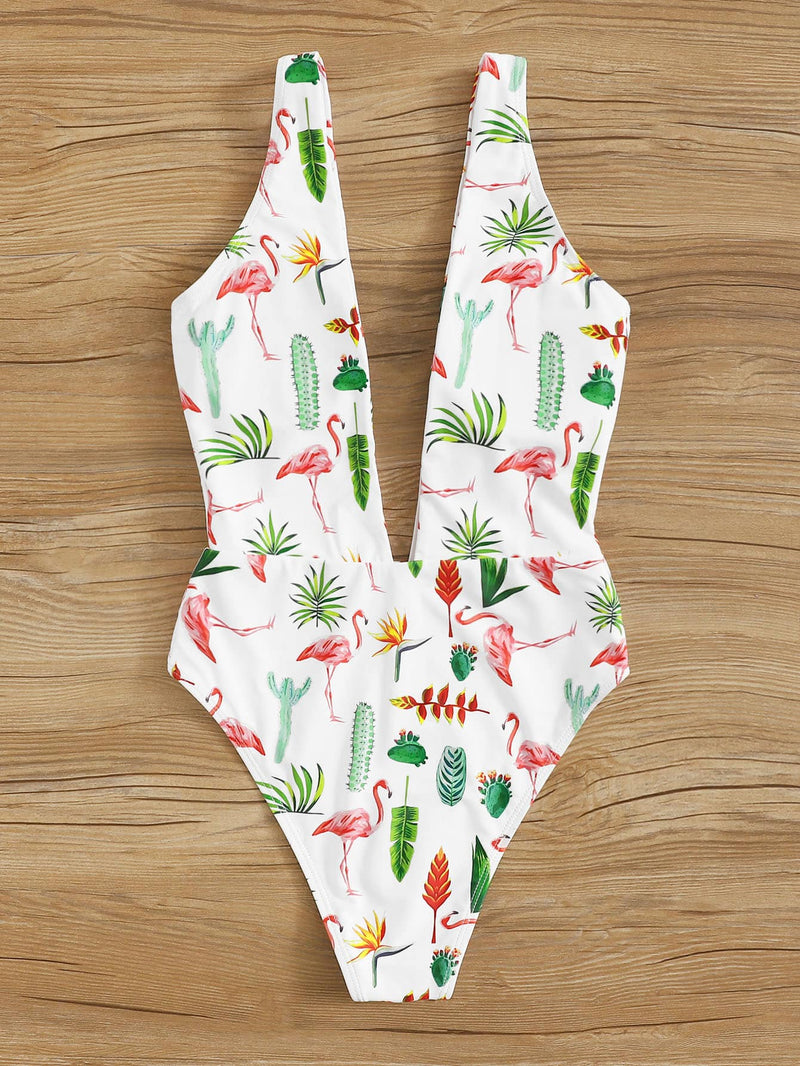 Tropical Plunge Neck One Piece Swimsuit