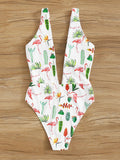 Tropical Plunge Neck One Piece Swimsuit