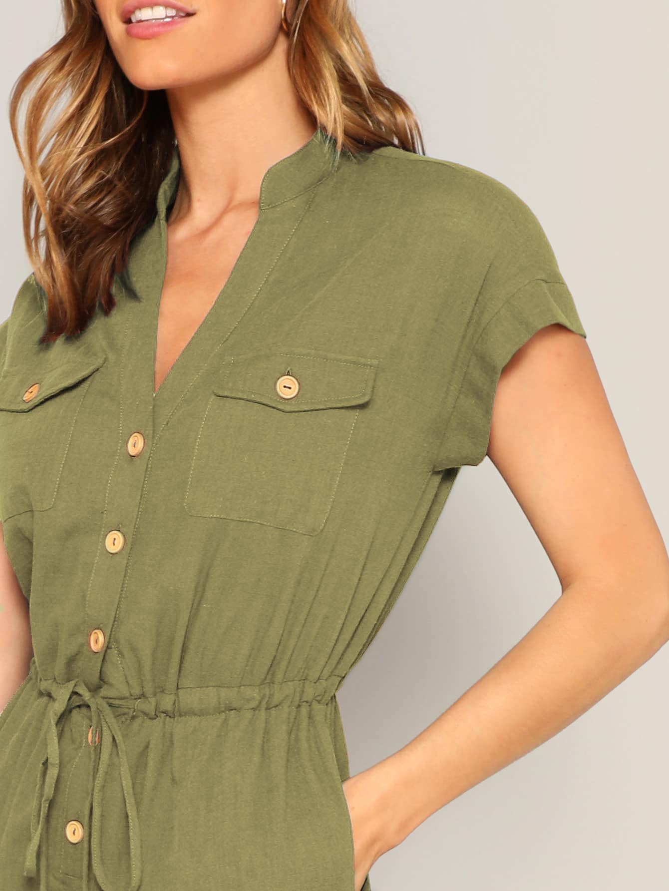The Solid Summer Style Jumpsuit with Waist Drawstring Button & Pocket Front