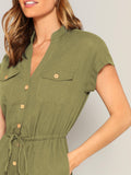 The Solid Summer Style Jumpsuit with Waist Drawstring Button & Pocket Front