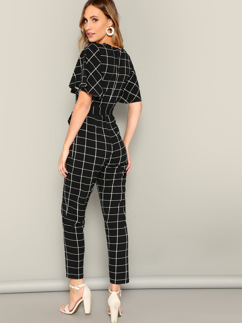 Full Set Flutter Sleeve Belted Grid Jumpsuit With White and Black Mixed