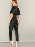 Full Set Flutter Sleeve Belted Grid Jumpsuit With White and Black Mixed