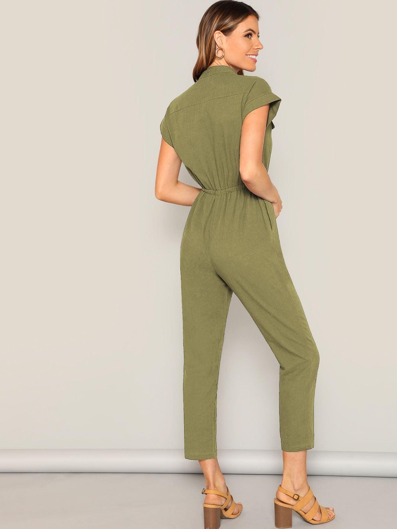 The Solid Summer Style Jumpsuit with Waist Drawstring Button & Pocket Front