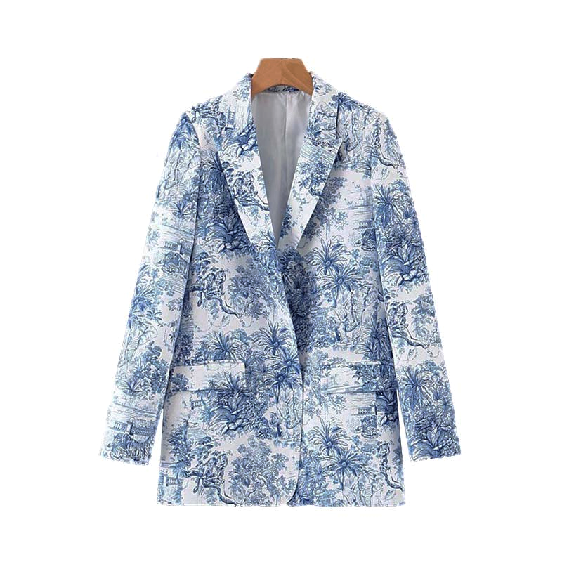 Elegant Print Stich Pocket Long Sleeve Female Outwear