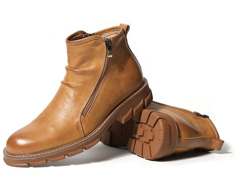 Grain Leather Chelsea Business Thick Heel Ankle Boot Brown