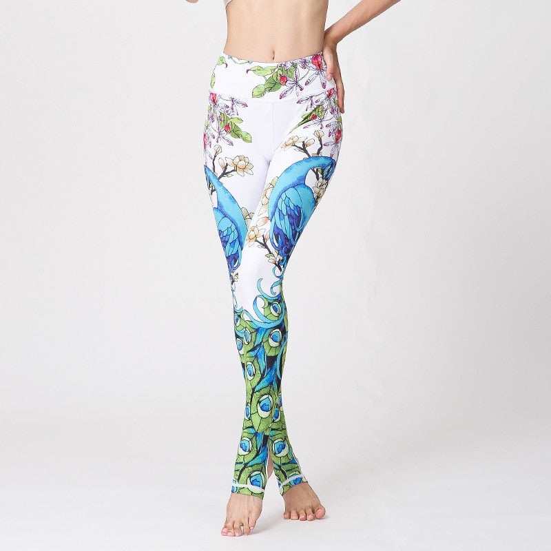 Peacock Crane Printed Yoga Pants Women Tight Waist