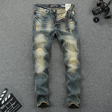 Denim Vintage Italian Classic Premium Cotton Slim Fit Slight Ripped Mens High Street Jeans