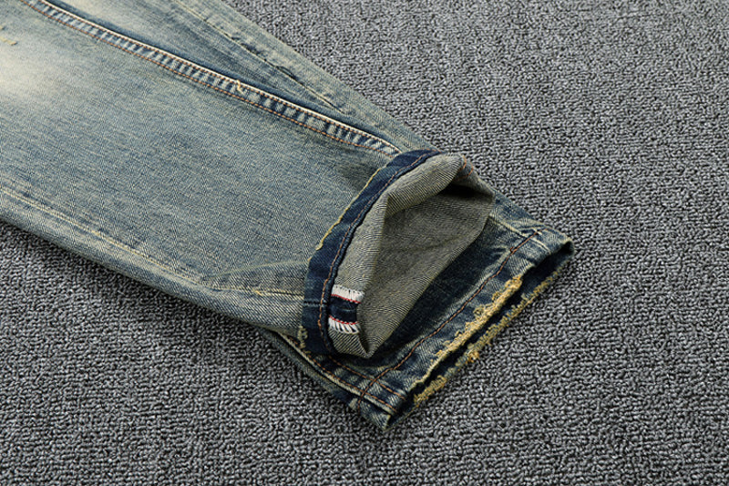 Denim Vintage Italian Classic Premium Cotton Slim Fit Slight Ripped Mens High Street Jeans