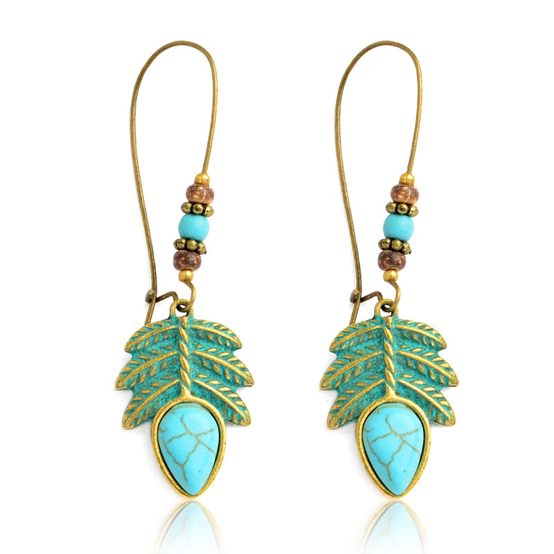 Boho Style Metal Plants Stone Leaves Drop Earring