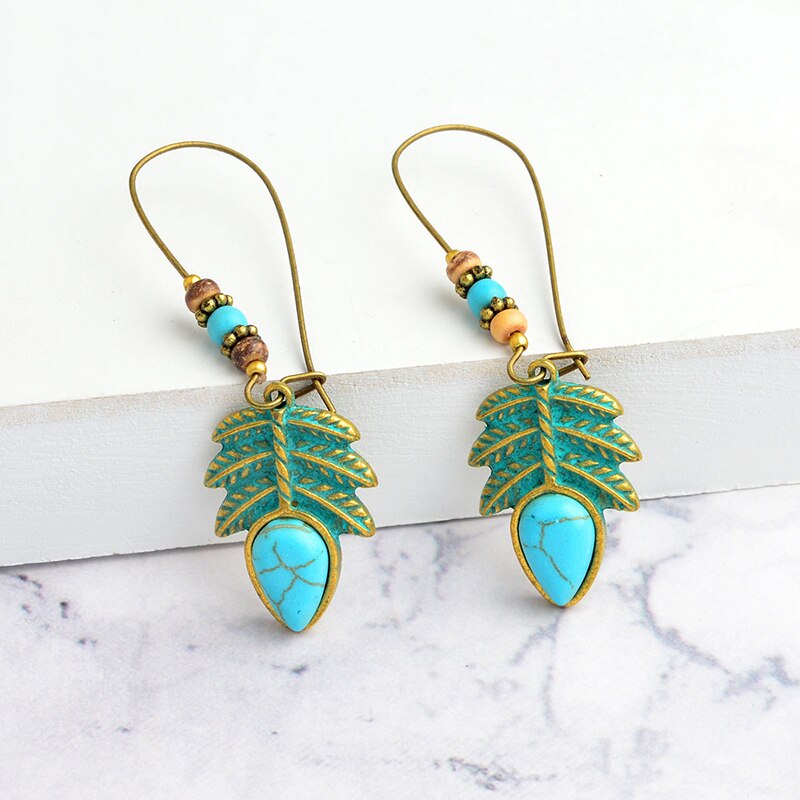 Boho Style Metal Plants Stone Leaves Drop Earring