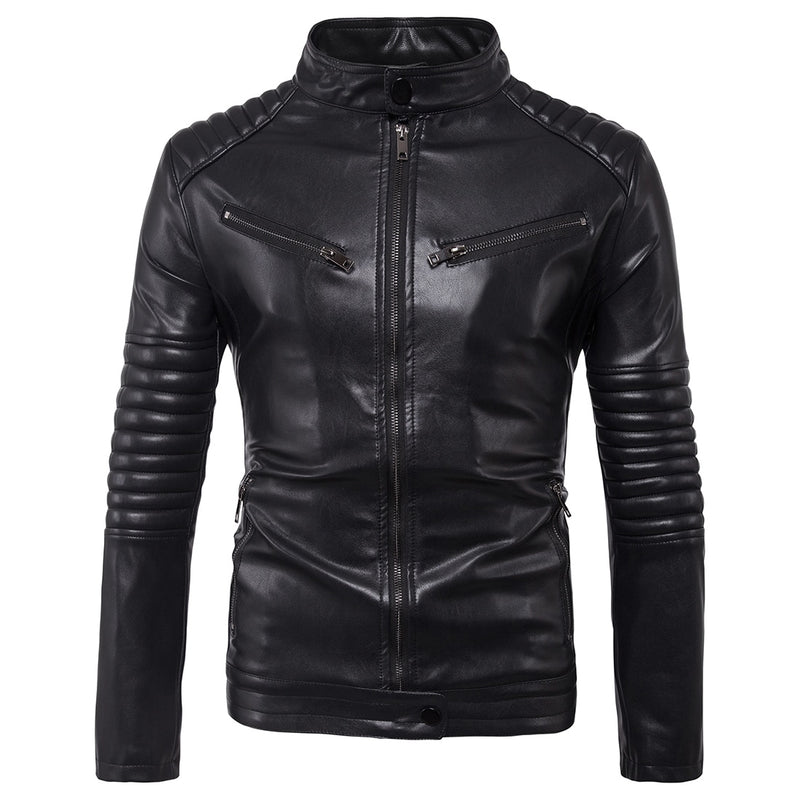 Multi Zipper Stand Collar Leather Jacket For Winter and Motorcycle