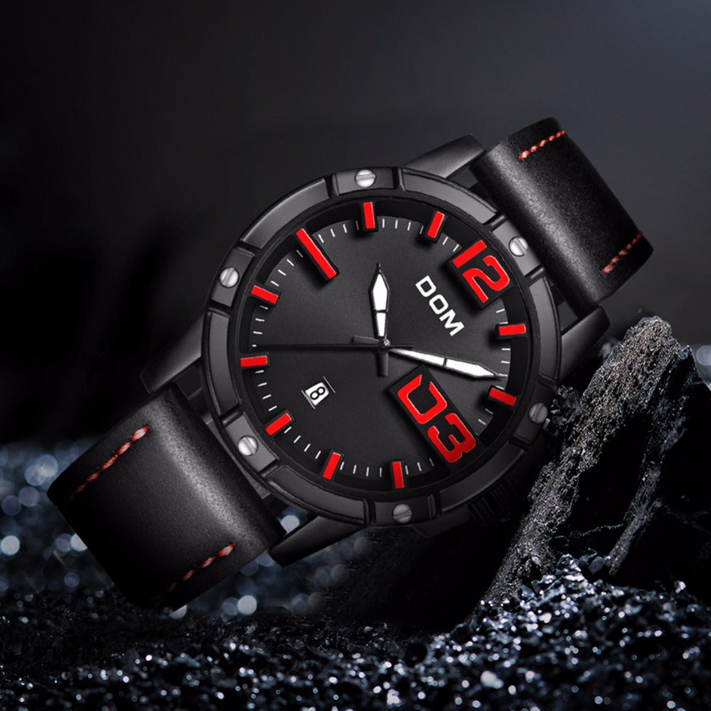 Military Style Mens Leather Waterproof Wristwatch by Dom