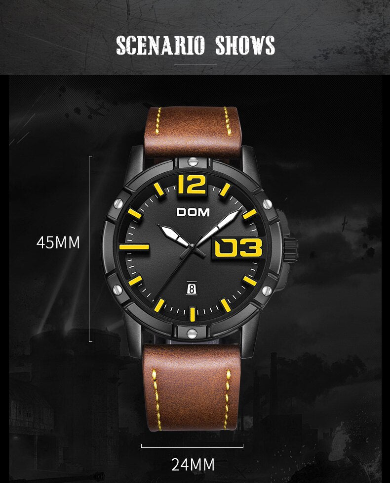 Military Style Mens Leather Waterproof Wristwatch by Dom