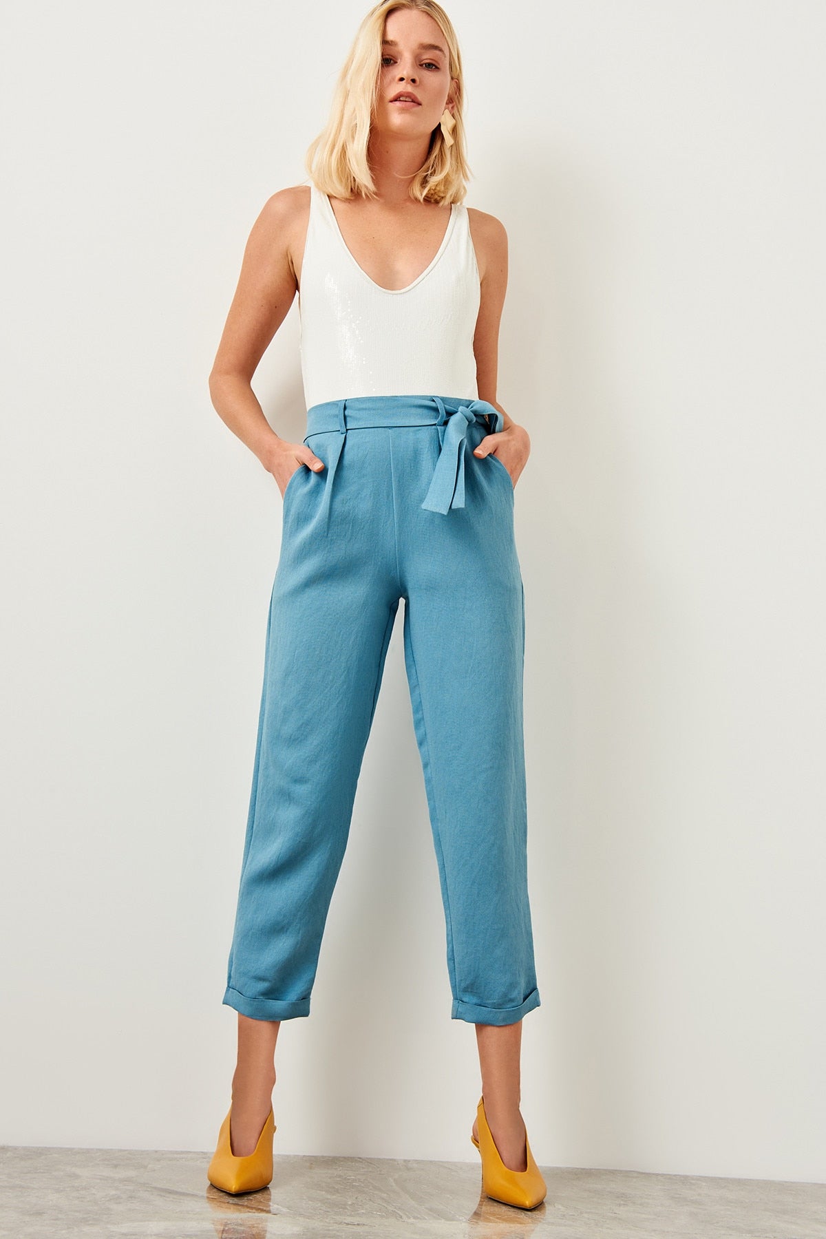 Pintuck Denim Drawstring Pants in TENCEL