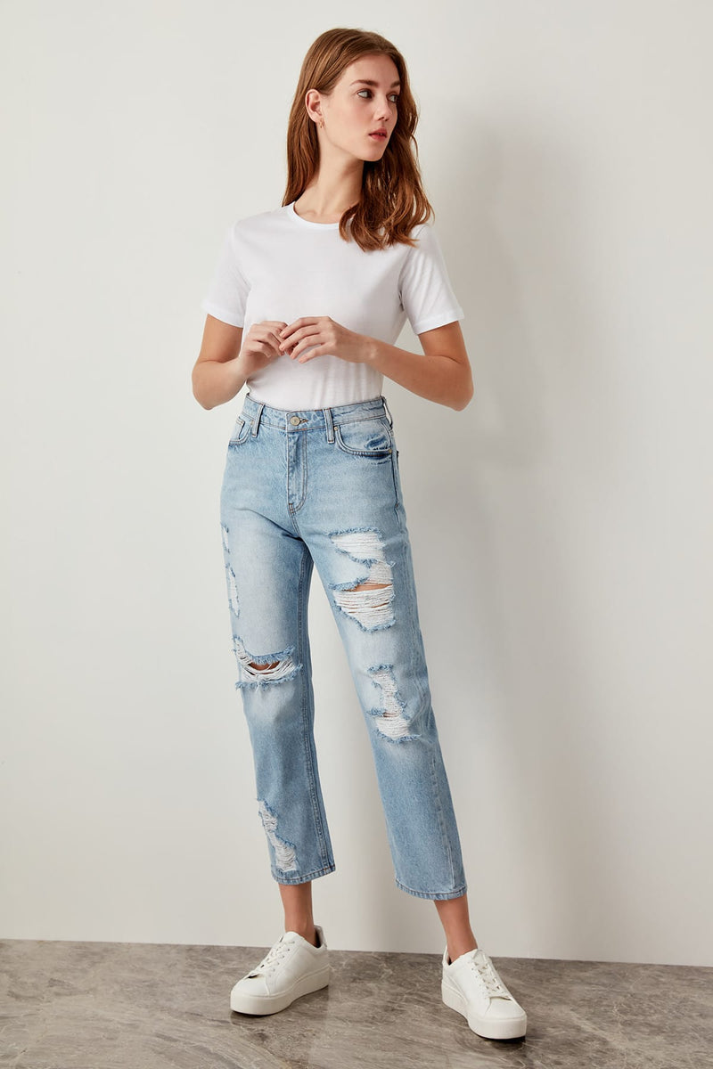 Straight High Waist Ripped Blue Jeans