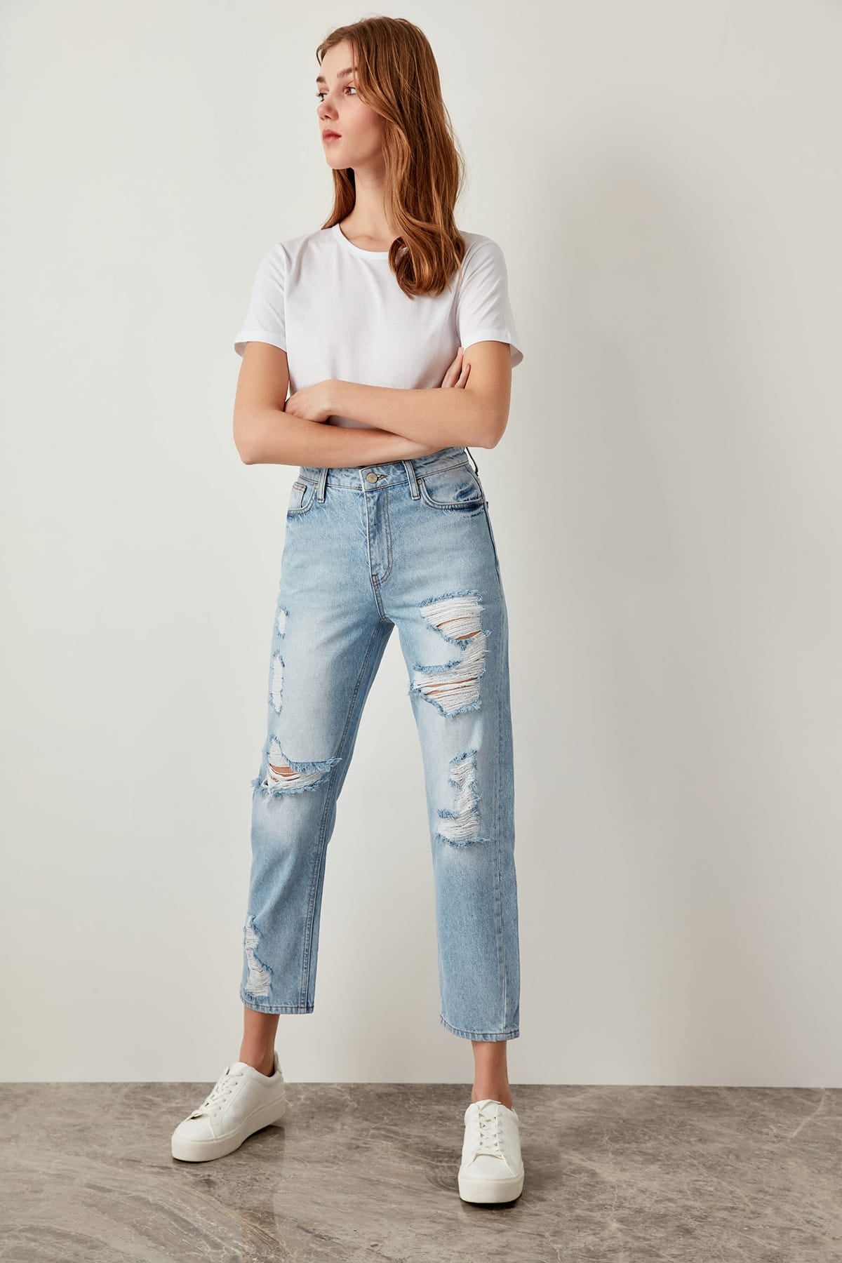Straight High Waist Ripped Blue Jeans