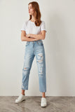 Straight High Waist Ripped Blue Jeans