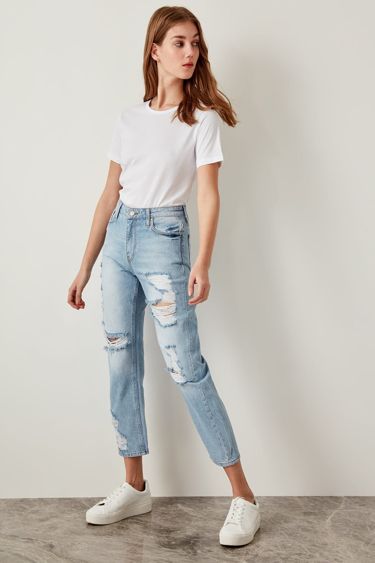 Straight High Waist Ripped Blue Jeans