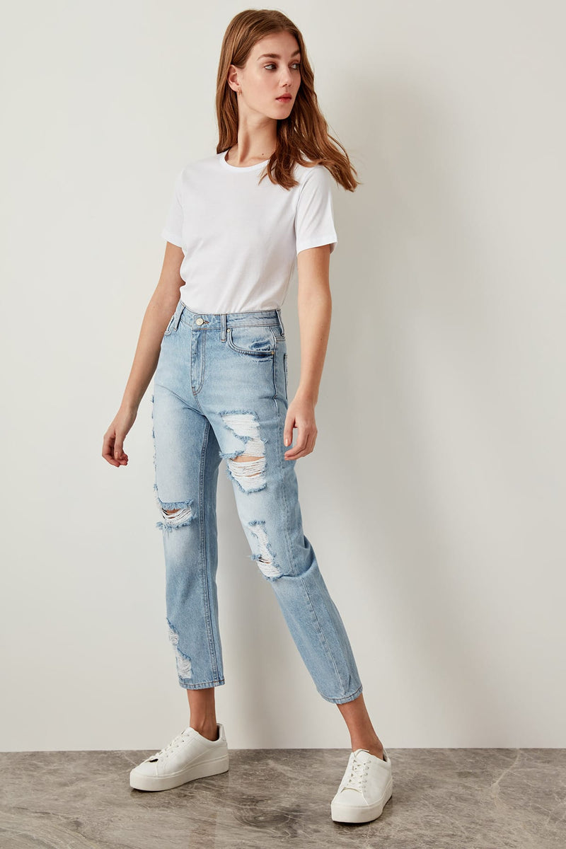 Straight High Waist Ripped Blue Jeans