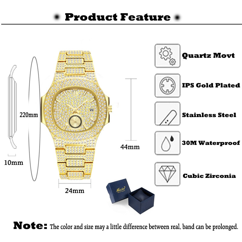 Waterproof Stainless Still Zircon Made Luxury 18K Gold Watch
