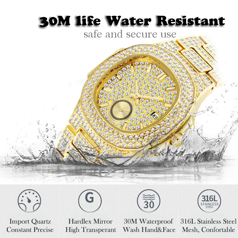 Waterproof Stainless Still Zircon Made Luxury 18K Gold Watch